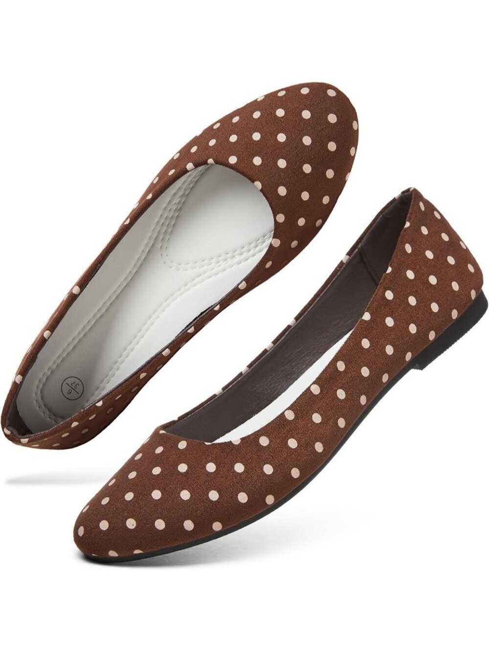 Women Brown Polka Dot Comfortable PU Leather Round Toe Slip on Ballet Flat Shoes